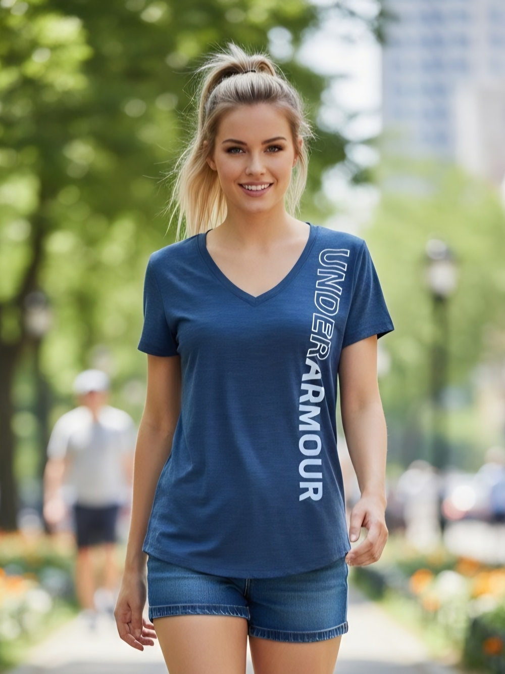 Under Armour Navy V-Neck Vertical Logo Short Sleeve Tee